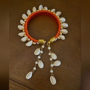 Shell Kodi Bangle Adjustable Indian Jewelry Bracelet Reddish Orange Gold Accent